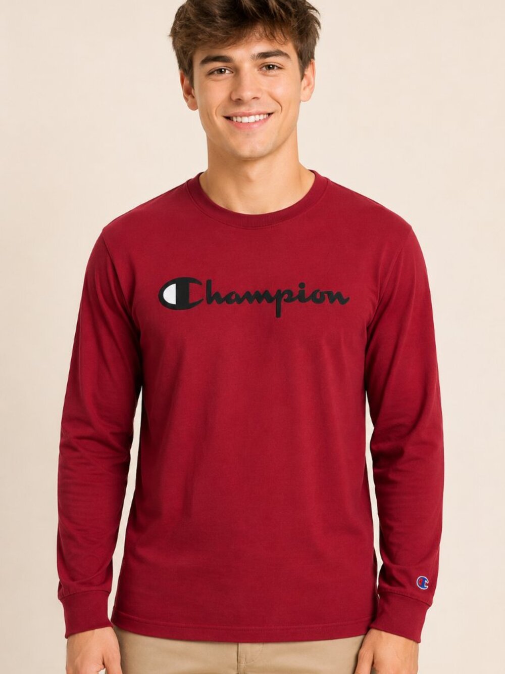Champion Men’s Red Long Sleeve T Shirt with Prominent Logo Size Medium NWT